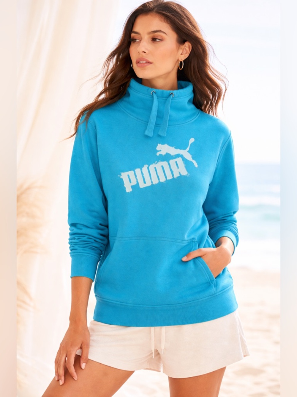 Y2K Puma Mock Neck Sweatshirt Drawstring Logo Pocket Sz M